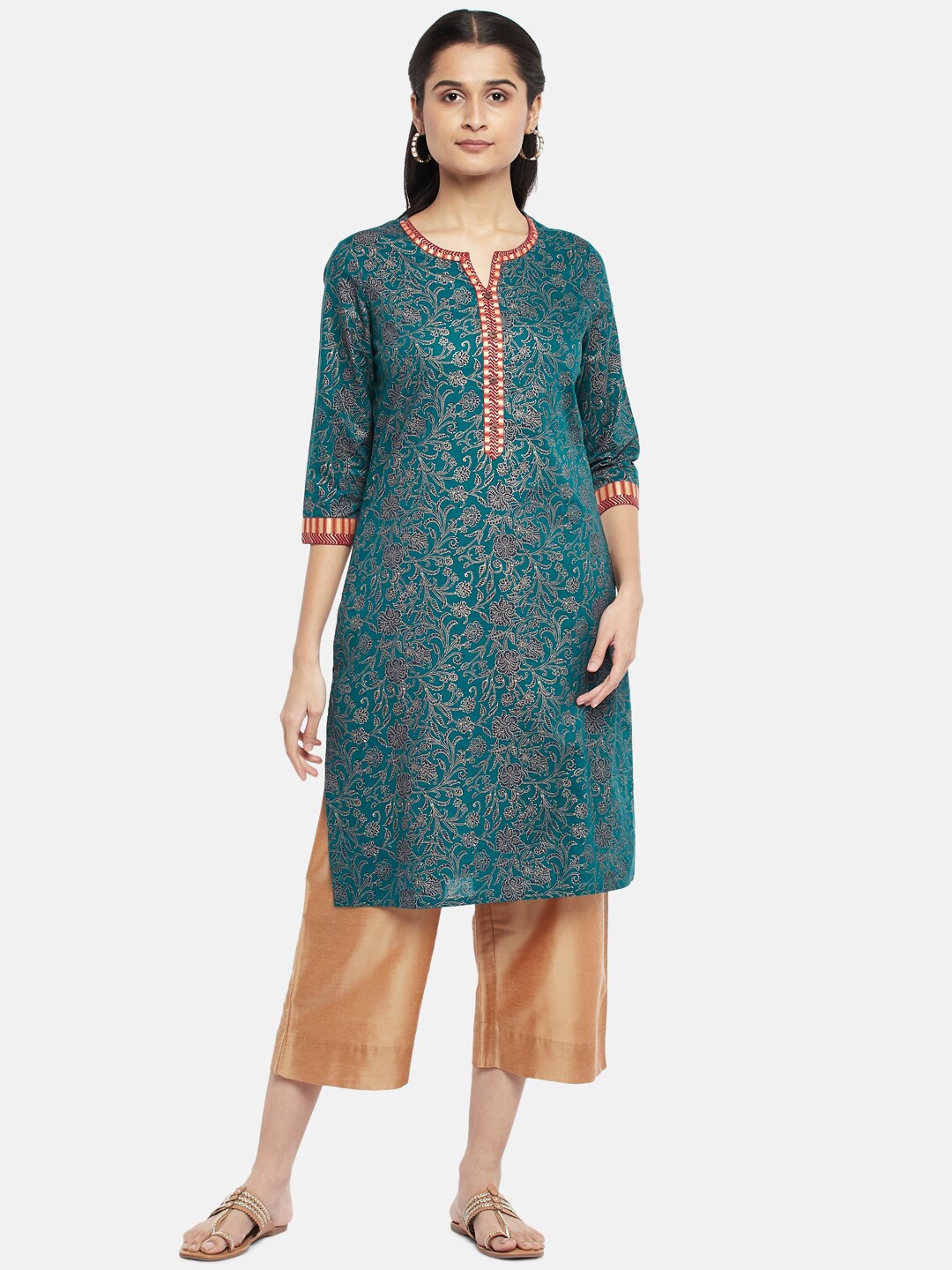 

RANGMANCH BY PANTALOONS Women Blue Ethnic Motifs Printed Pure Cotton Kurta