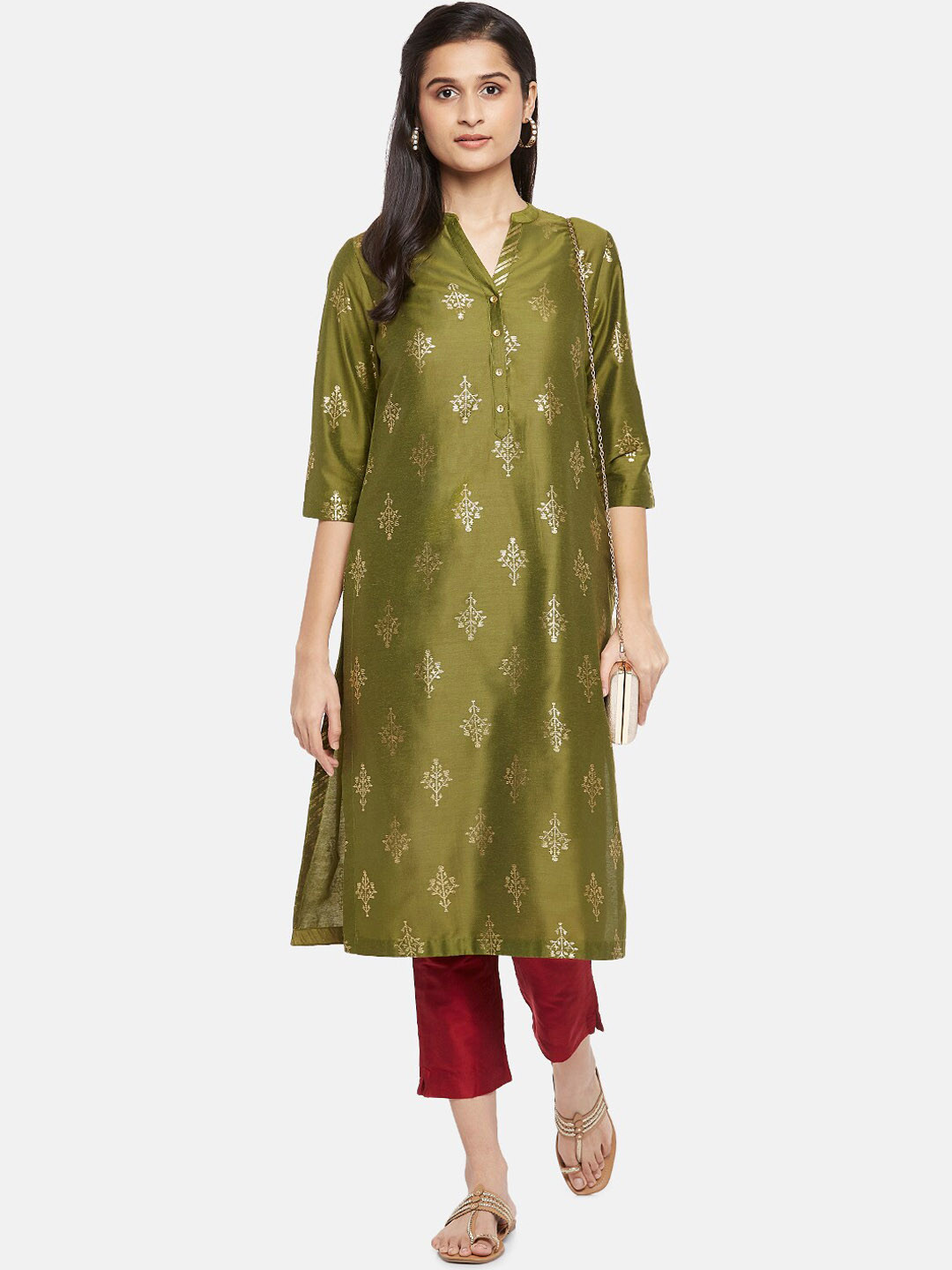 

RANGMANCH BY PANTALOONS Women Olive Green & Gold-Colured Ethnic Printed A-line Kurta