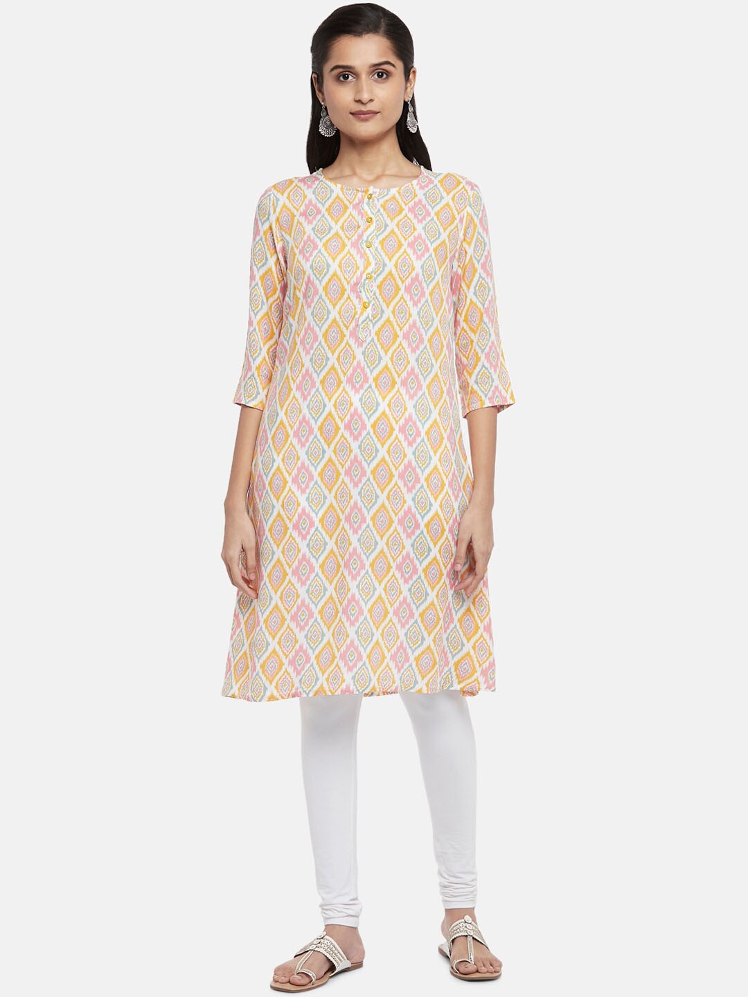 

RANGMANCH BY PANTALOONS Women Off White & Yellow Geometric Printed Kurta