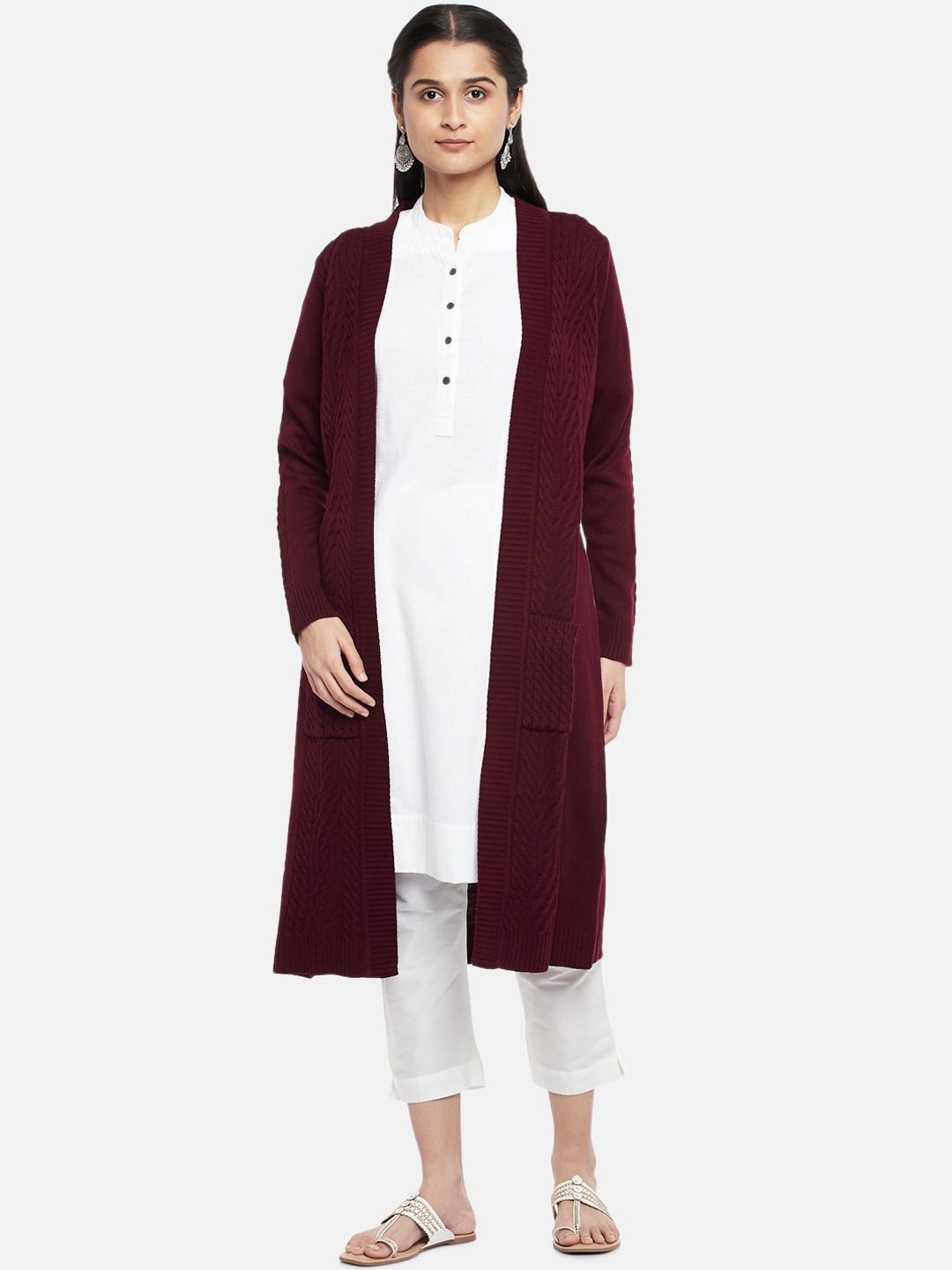

RANGMANCH BY PANTALOONS Women Maroon Solid Front Open Longline Straight Shrug