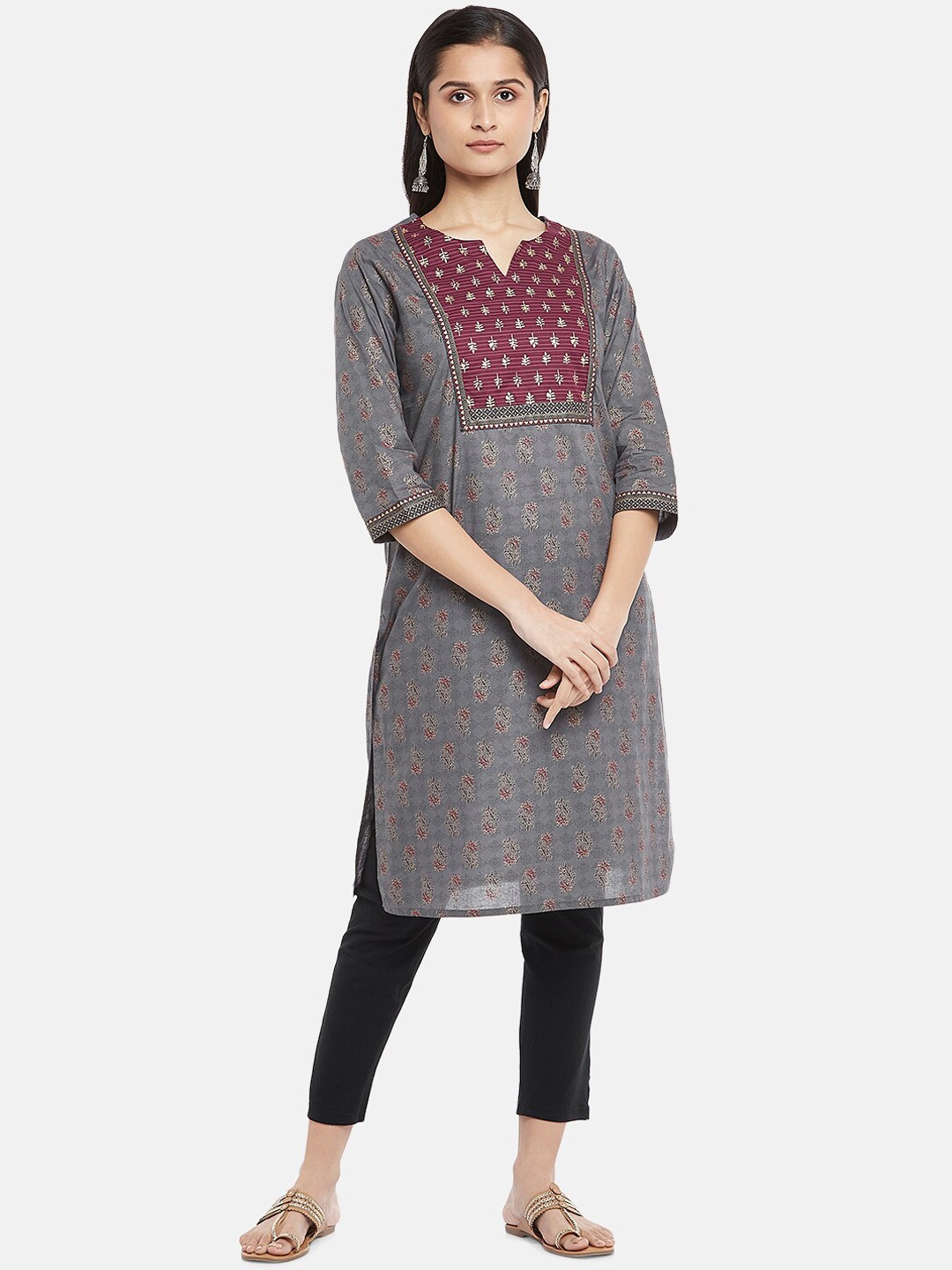 

RANGMANCH BY PANTALOONS Grey & Maroon Ethnic Motifs Printed Pure Cotton Straight Kurta