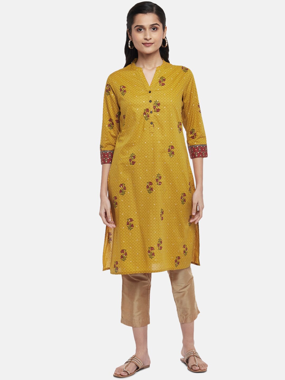 

RANGMANCH BY PANTALOONS Women Mustard Yellow Ethnic Motifs Printed Pure Cotton Kurta