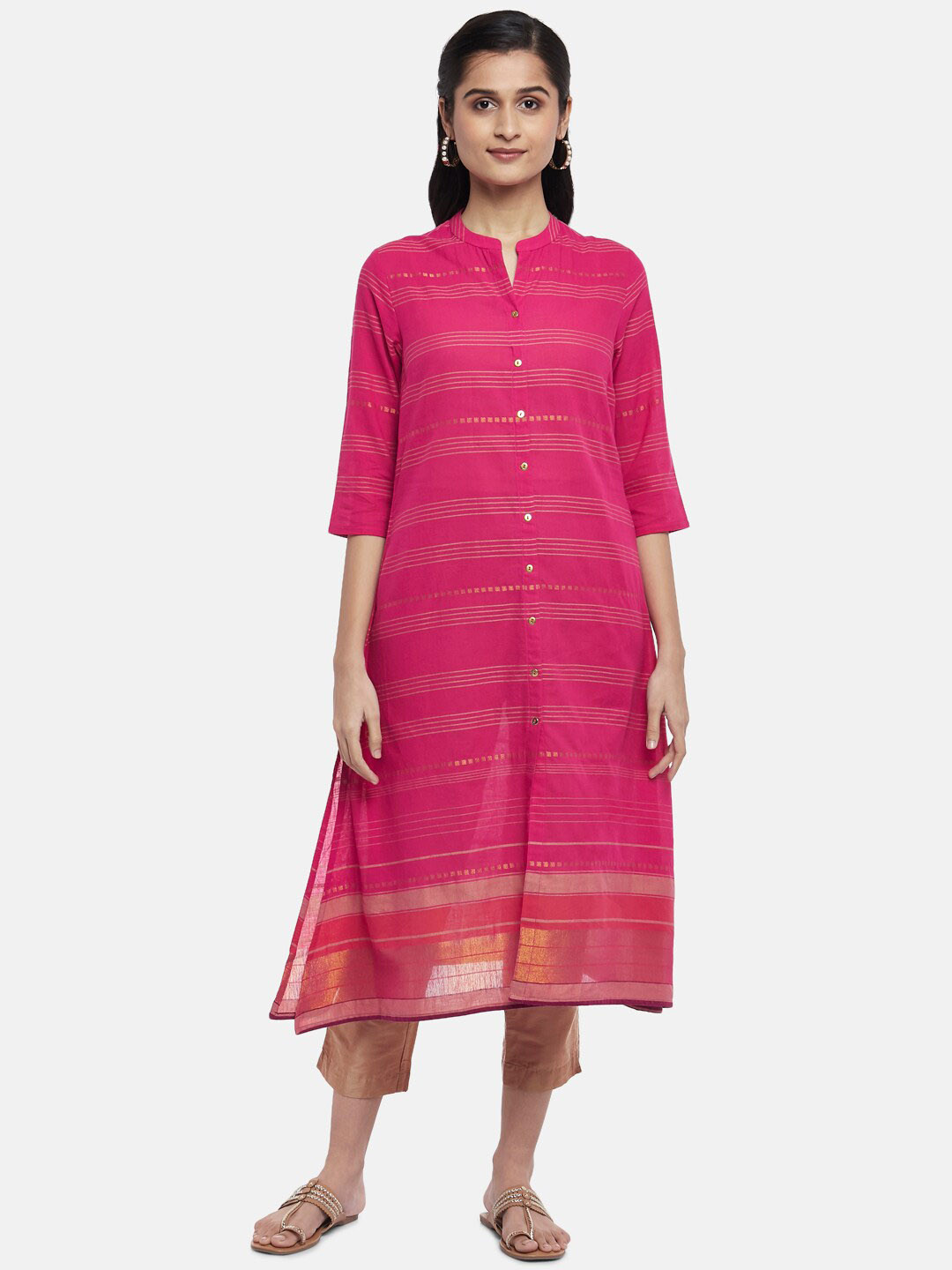 

RANGMANCH BY PANTALOONS Women Fuchsia & Beige Striped Pure Cotton Kurta