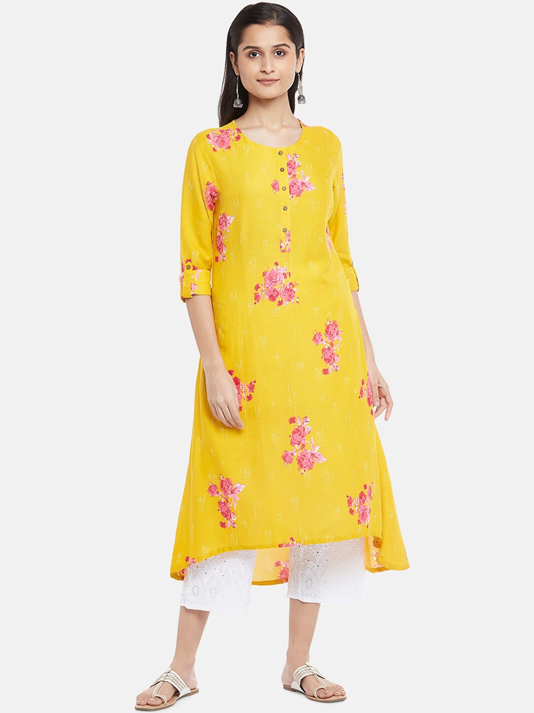 

RANGMANCH BY PANTALOONS Women Yellow & Pink Floral Printed Kurta