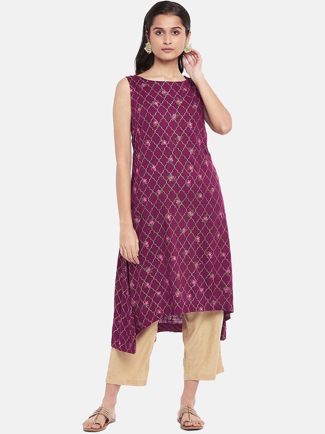 

RANGMANCH BY PANTALOONS Women Purple & Pink Floral Printed High-Low A-line Kurta
