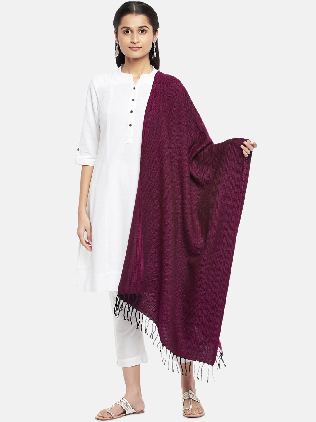 

RANGMANCH BY PANTALOONS Women Burgundy Woven Design Pure Acrylic Shawl
