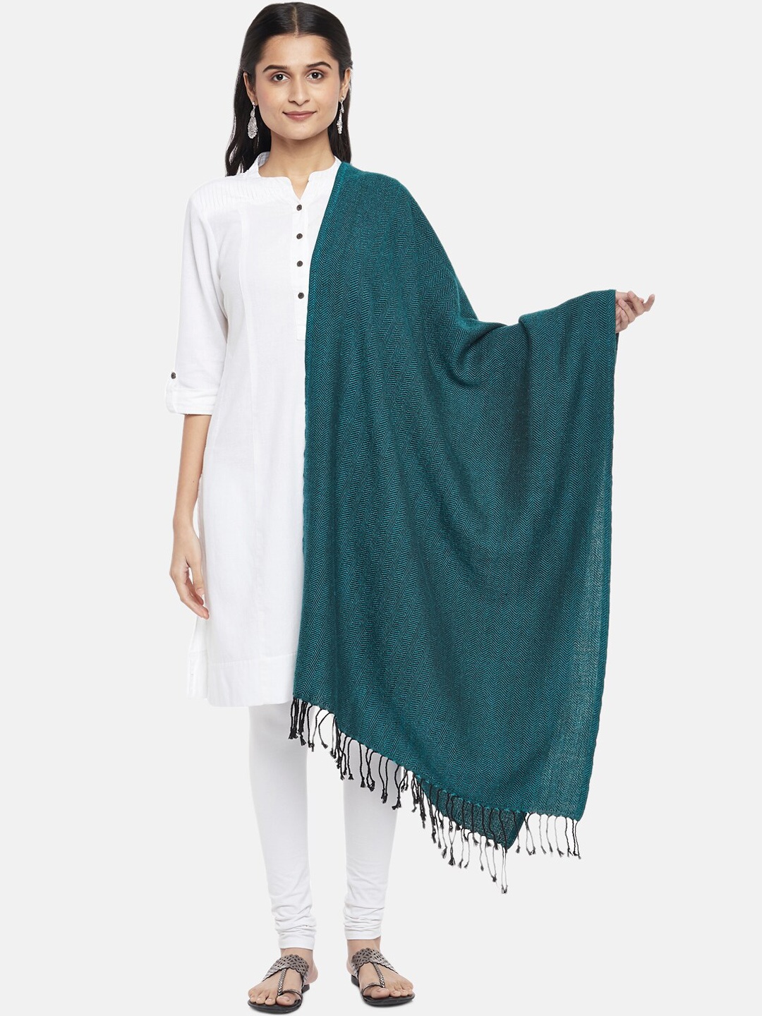 

RANGMANCH BY PANTALOONS Women Teal Green Blue Woven Design Pure Acrylic Shawl