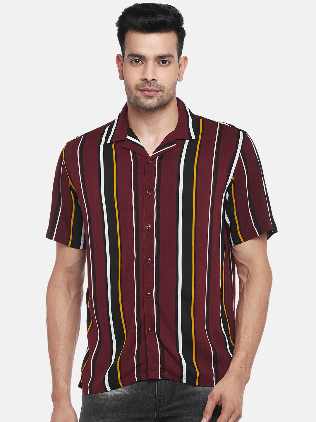 

People Men Striped Slim Fit Opaque Striped Casual Pure Cotton Shirt, Multi