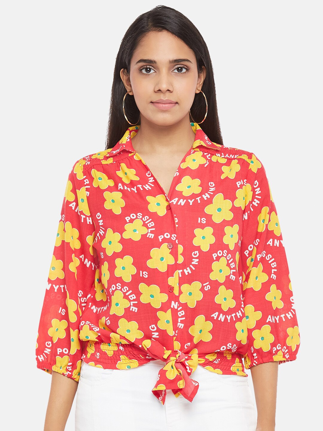 

People Fuchsia & Yellow Floral Printed Shirt Style Top