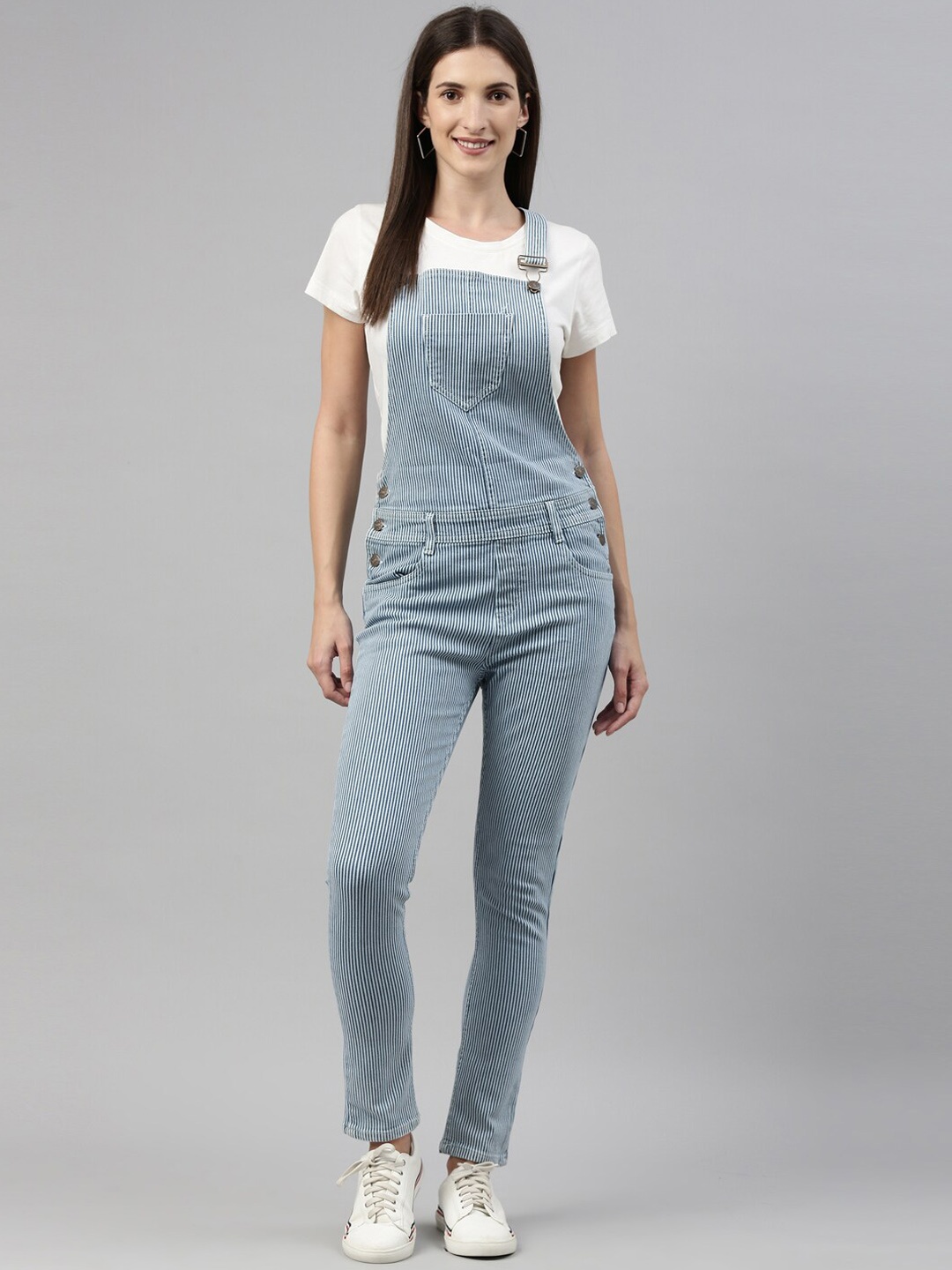 

Enviously Young Women Blue & White Striped Pure Cotton Dungarees