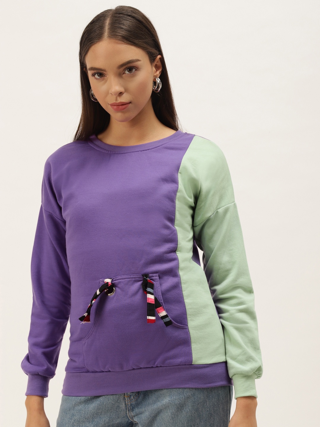 

Belle Fille Women Violet & Green Colourblocked Sweatshirt