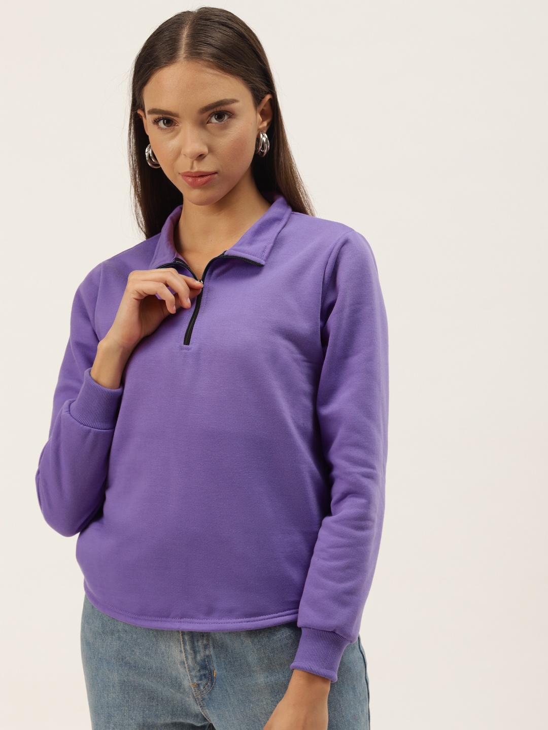 

Belle Fille Women Violet Solid Shirt Collar Sweatshirt
