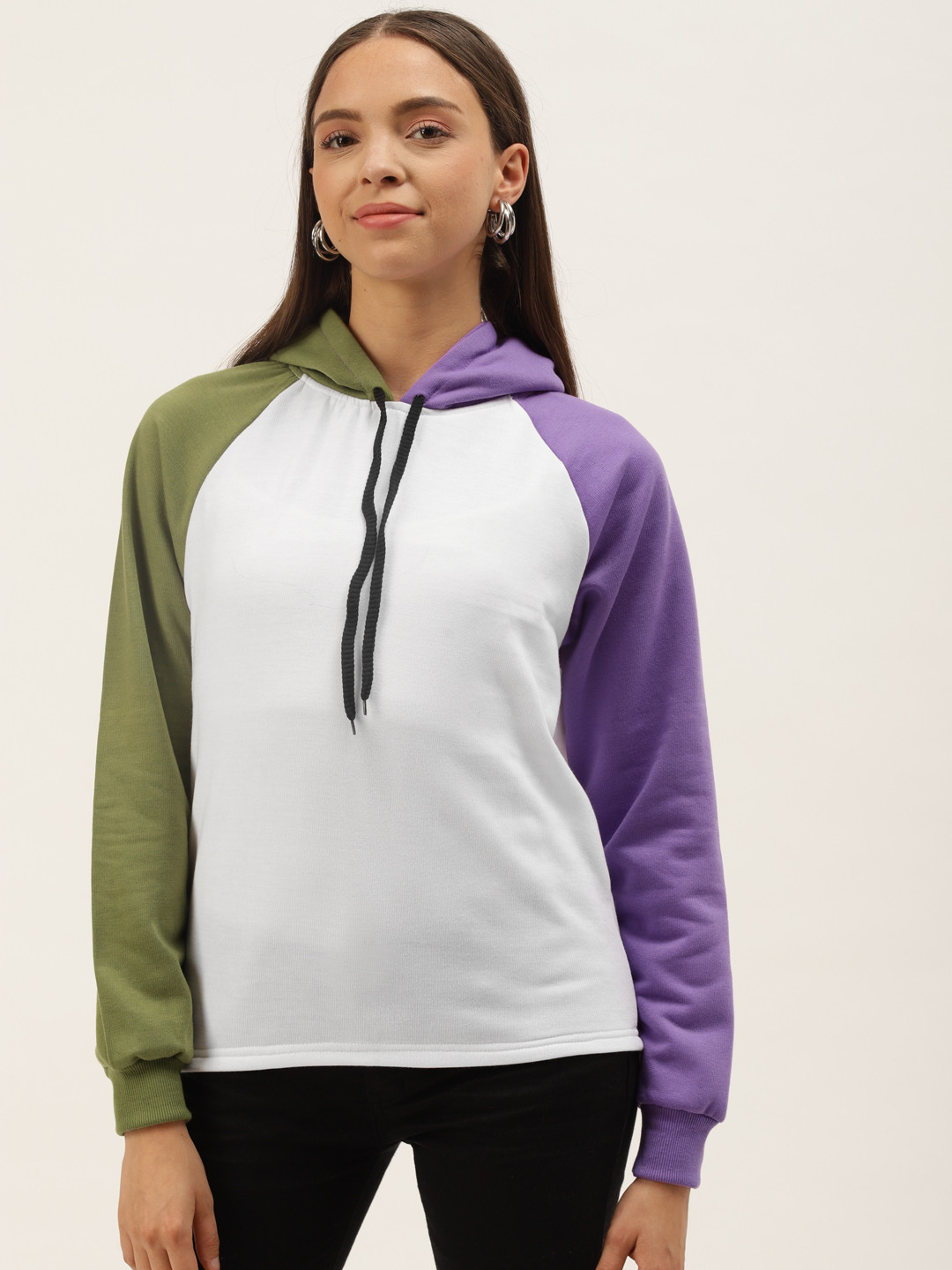 

Belle Fille Women White & Olive Colourblocked Hooded Sweatshirt