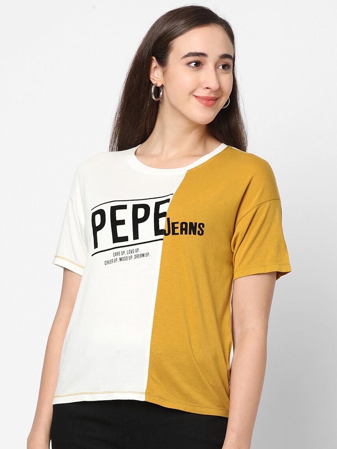 

Pepe Jeans Women Brown & White Typography Colourblocked Pure Cotton T-shirt
