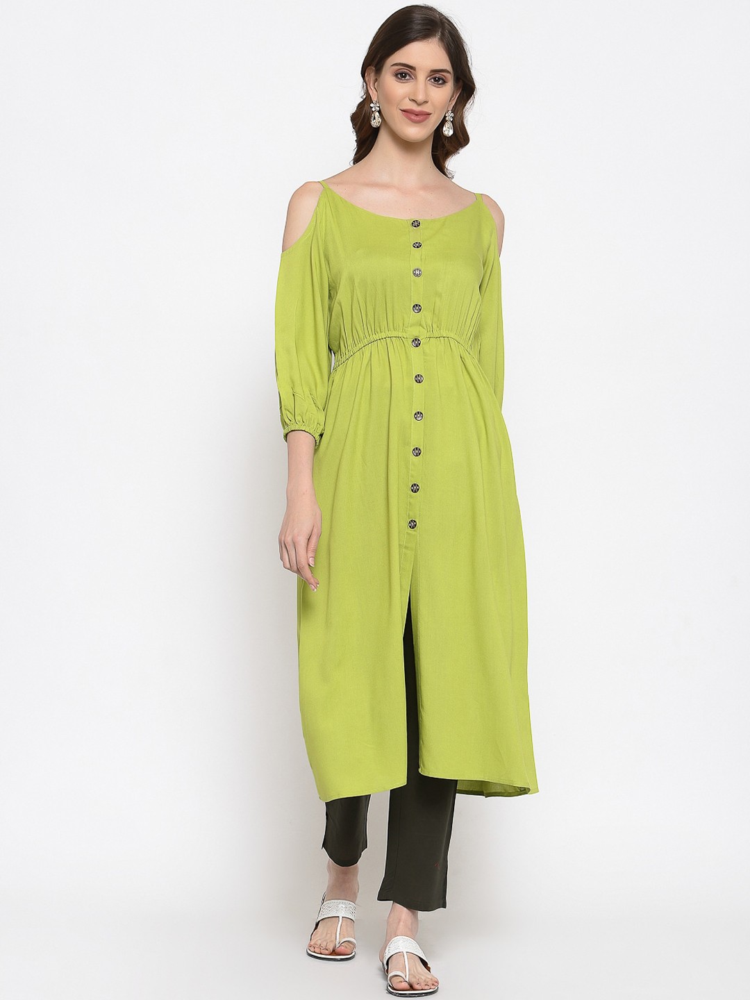 

SANISA Women Green Solid Cold-Shoulder Sleeves A-Line Kurta
