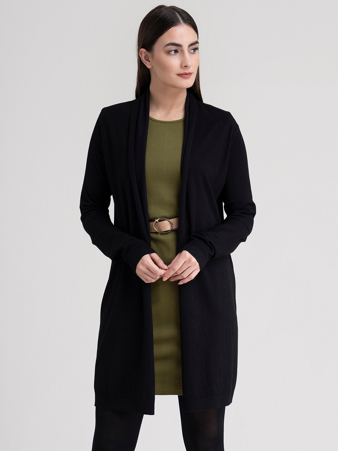 

FableStreet Women Black Solid Longline Front-Open Sweater
