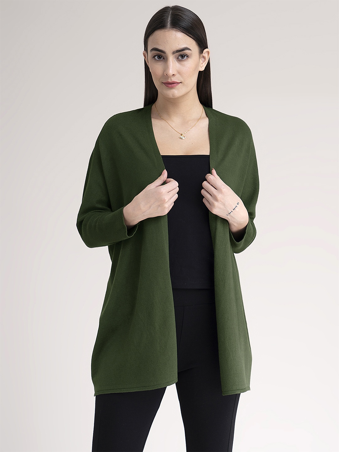 

FableStreet Women Olive Green Longline Front-Open