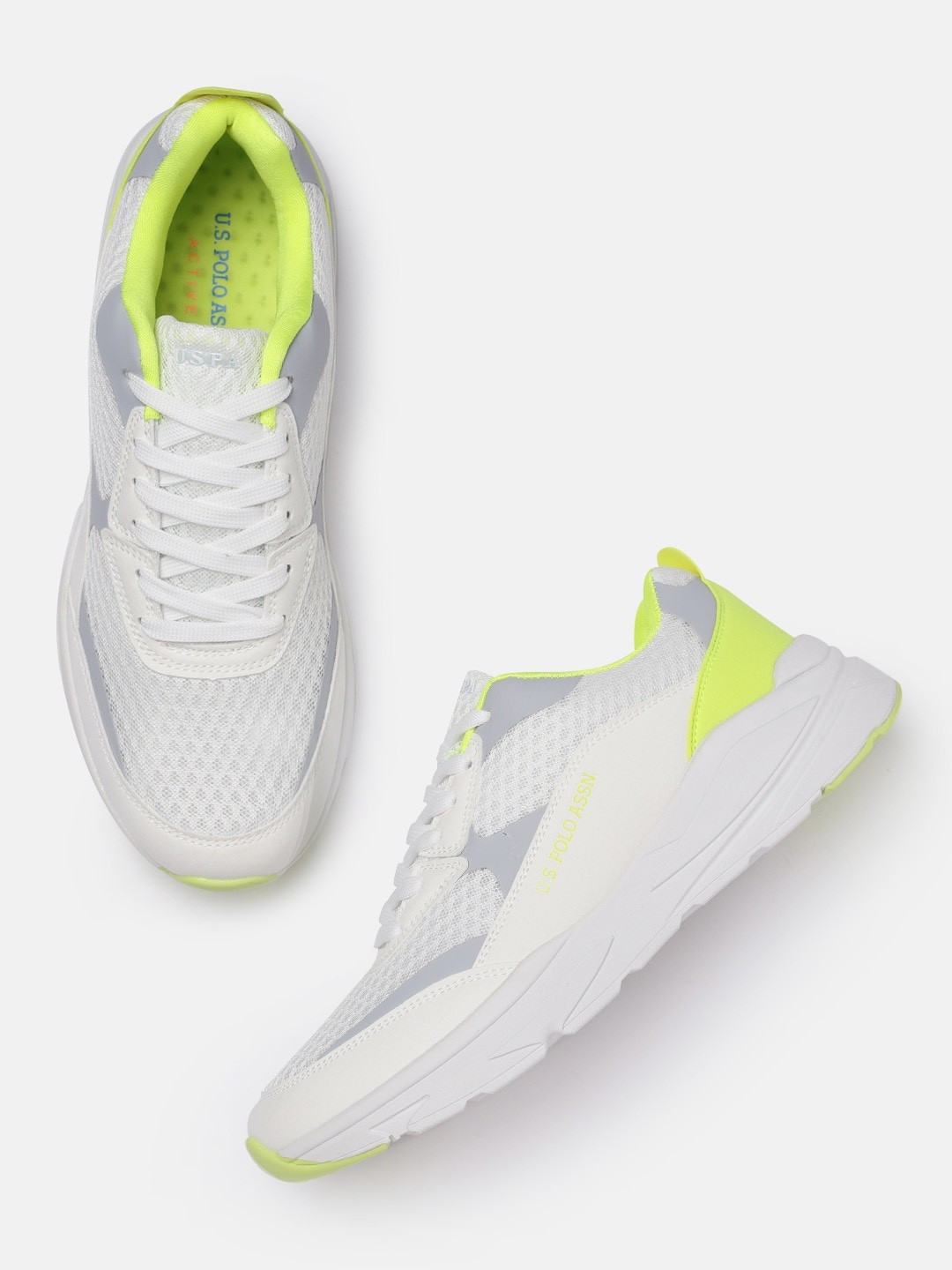 

U S Polo Assn Men White & Fluorescent Green Colourblocked CLEON Textured Sneakers