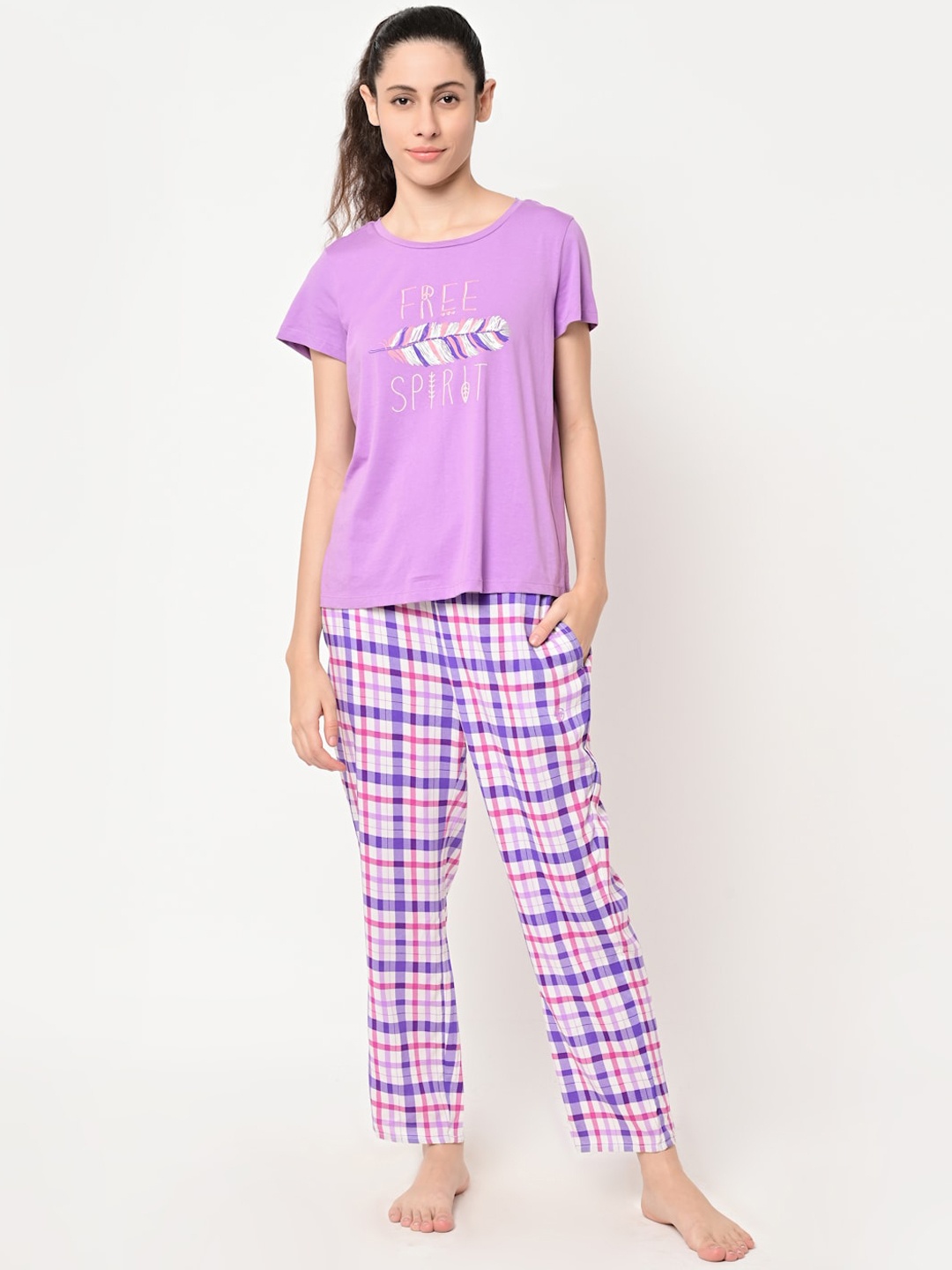 

MAYSIXTY Women Purple Checked Night Suit
