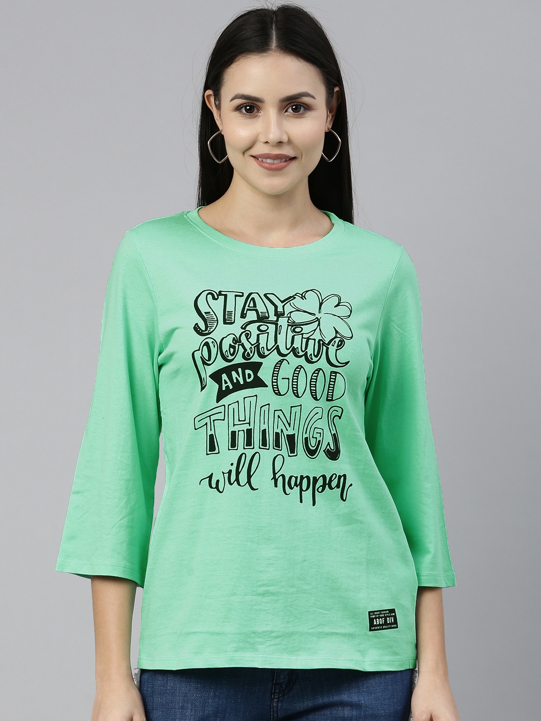 

abof Women Sea Green Typography Printed Drop-Shoulder Sleeves Pure Cotton T-shirt