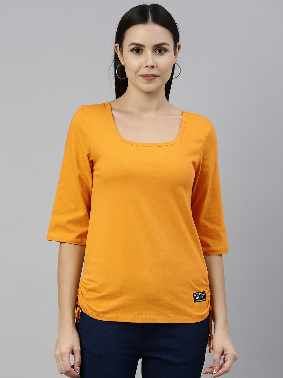 

abof Women Yellow Solid Pure Cotton T-shirt