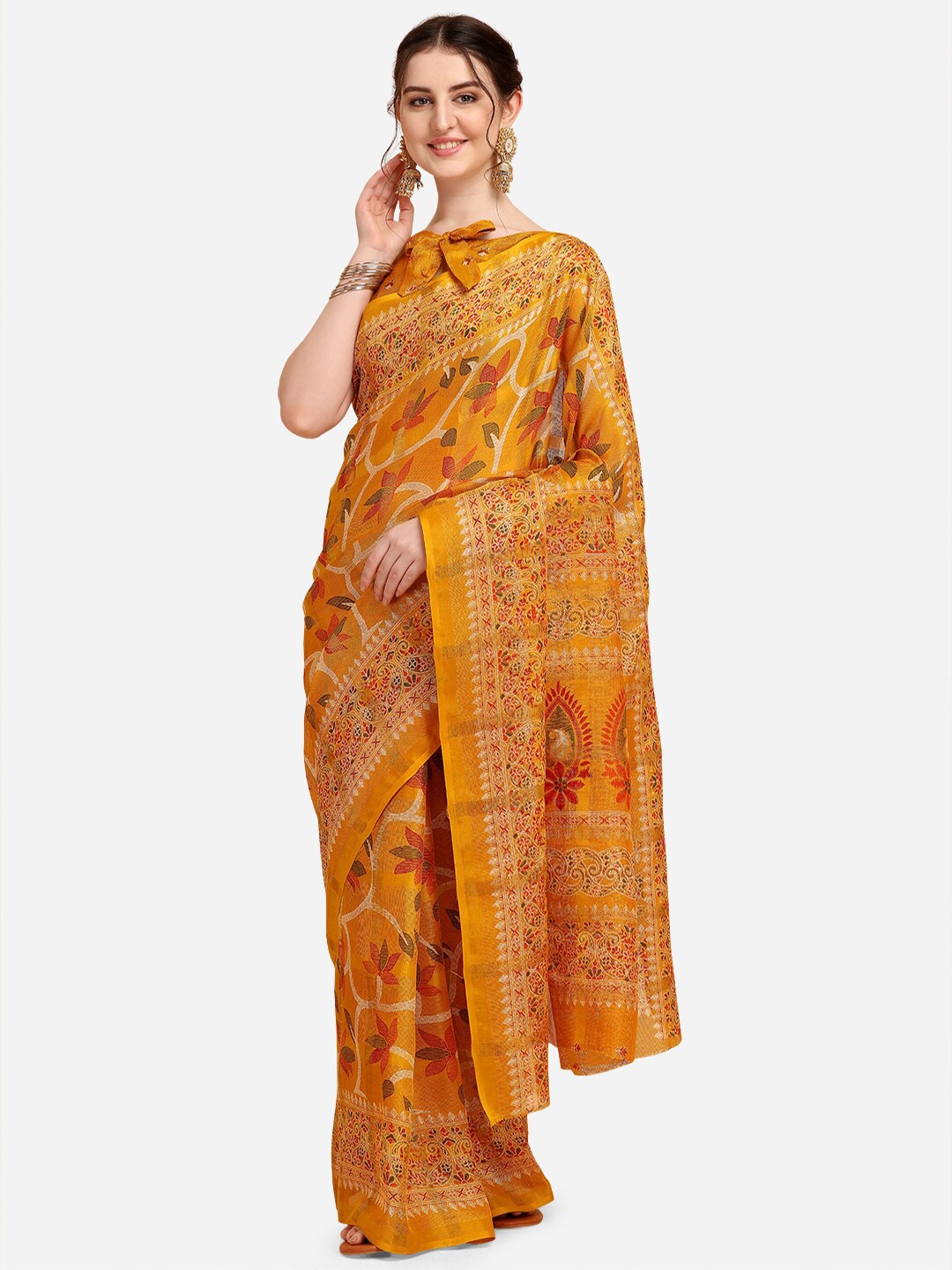 

KALINI Mustard & Beige Floral Kota Saree