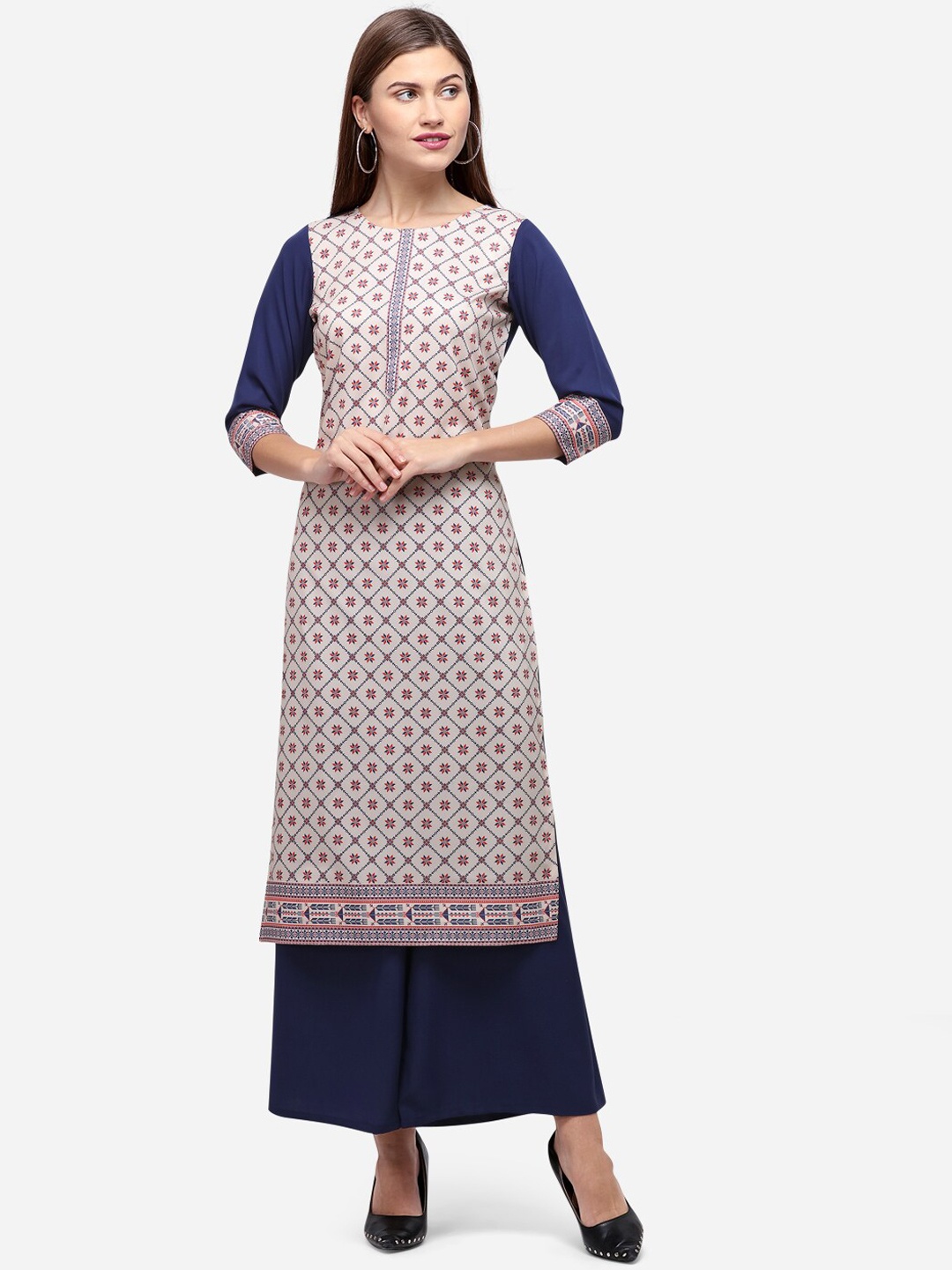 

SANISA Women Off White Floral Printed Straight Crepe Kurta