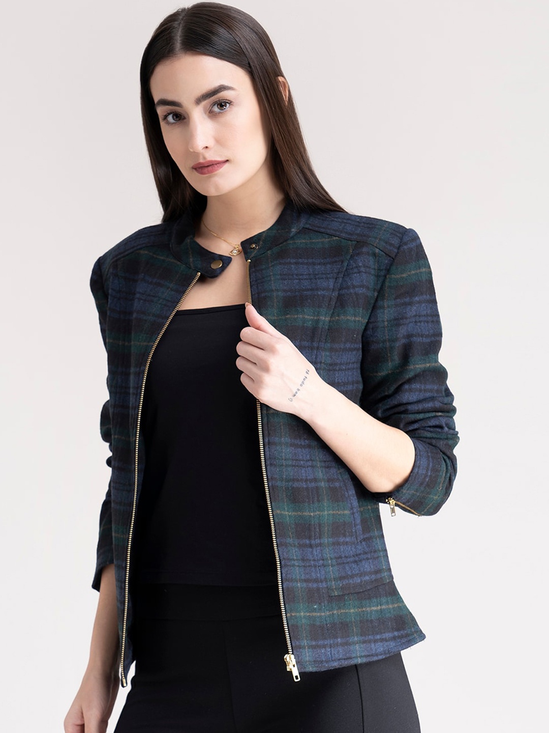 

FableStreet Women Green Checked Tailored Jacket