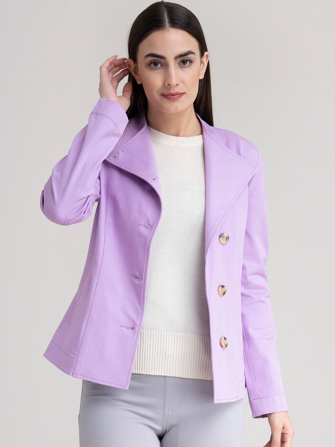 

FableStreet Women Purple Floral Striped Longline Tailored Jacket