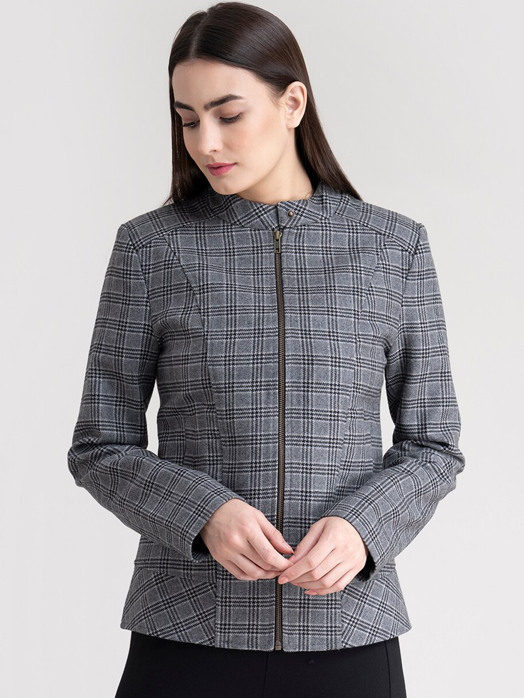 

FableStreet Women Grey Checked Tailored Wool Jacket