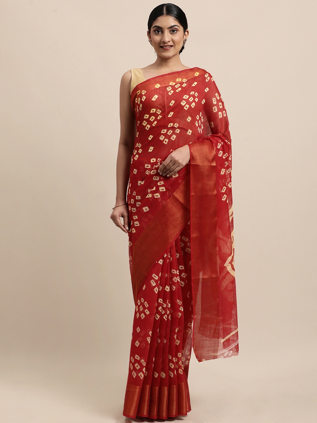 

KALINI Red Bandhani Zari Jute Cotton Bandhani Saree