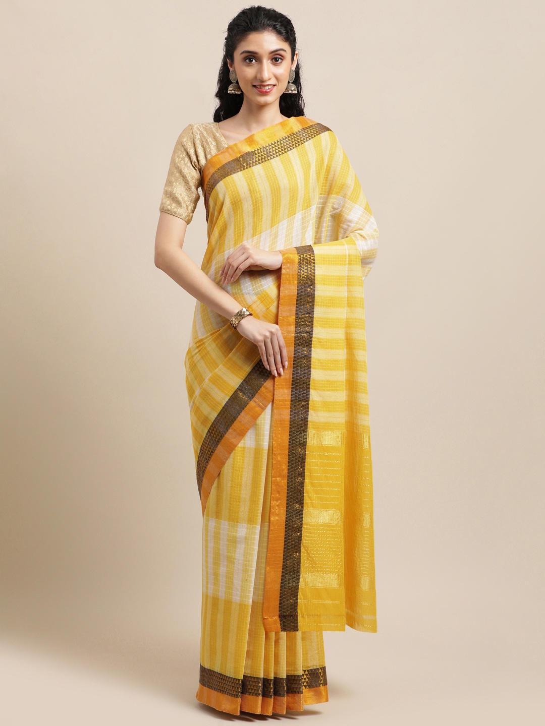 

KALINI Yellow & White Checked Zari Pure Cotton Venkatgiri Saree