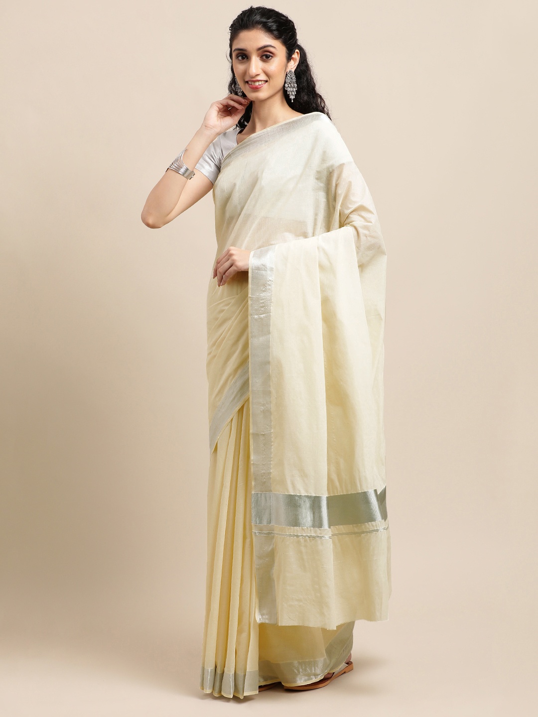 

KALINI White & Silver-Toned Zari Pure Cotton Kasavu Saree