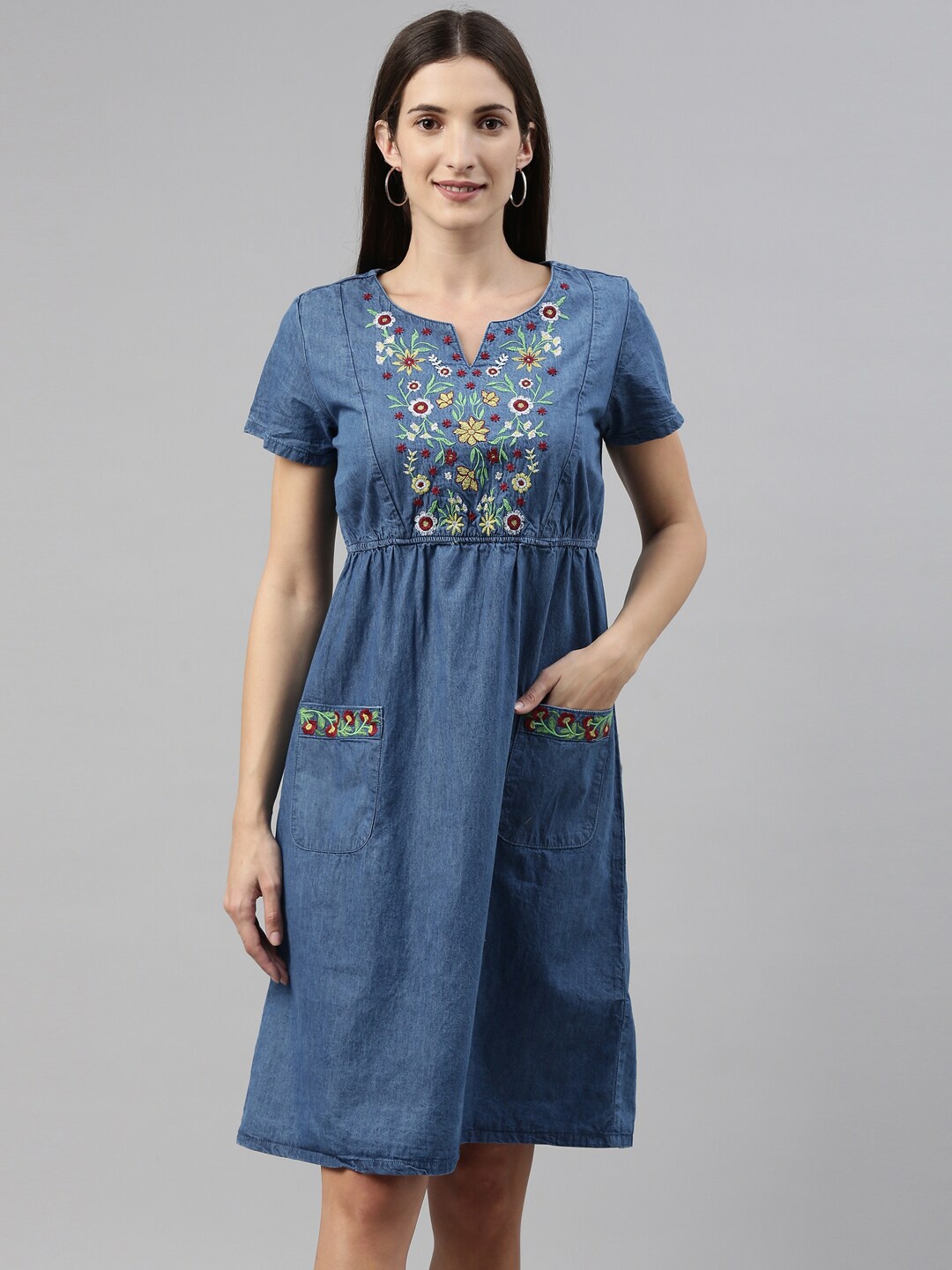 

Enviously Young Blue Floral Embroidered Denim A-Line Dress