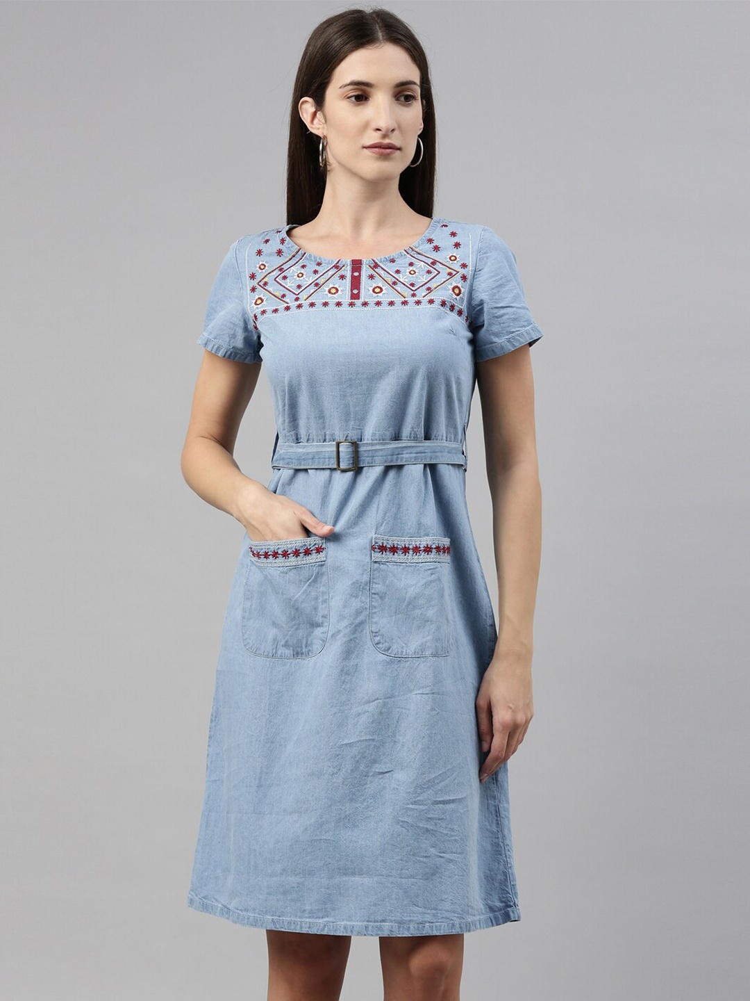 

Enviously Young Blue & Maroon Denim A-Line Dress