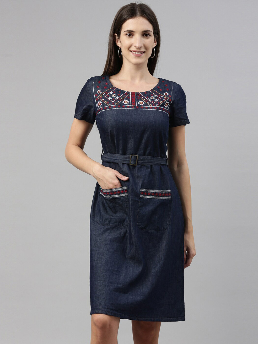 

Enviously Young Navy Blue Ethnic Motifs Embroidered Denim Pure Cotton Sheath Dress