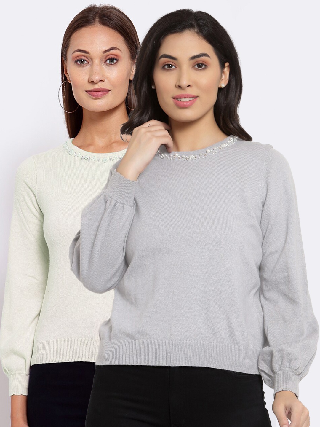

KLOTTHE Women Pack Of 2 Off White & Grey Wool Pullover with Embellished Detail