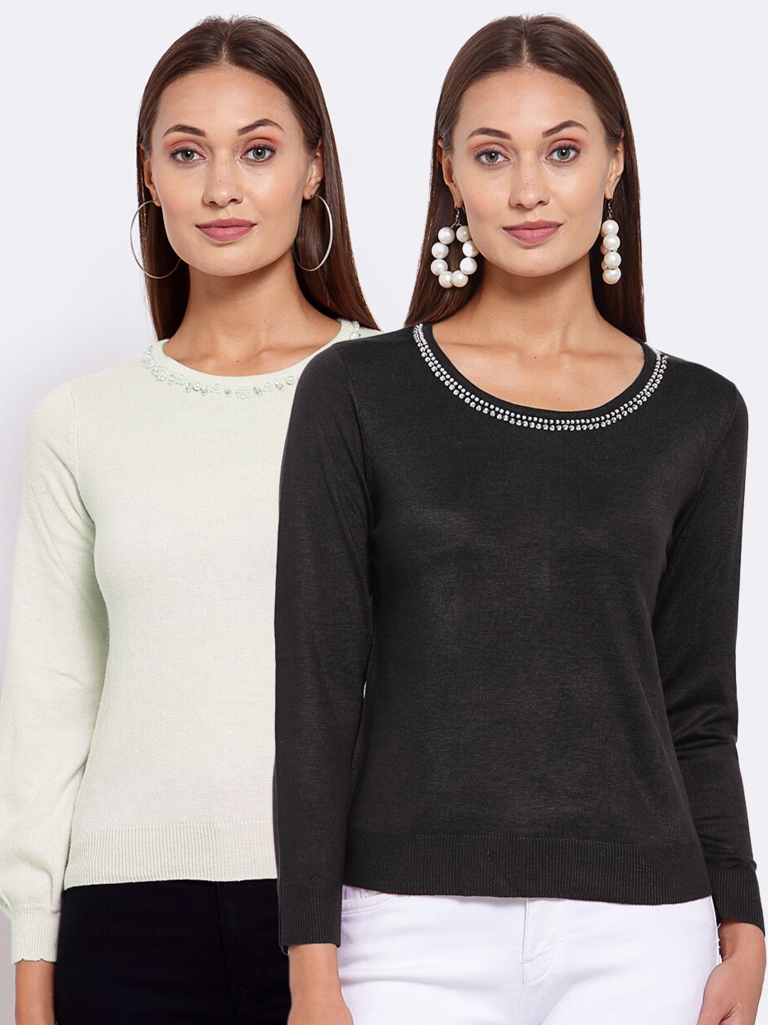 

KLOTTHE Women Pack of 2 Off White & Black Woolen Pullover Sweater