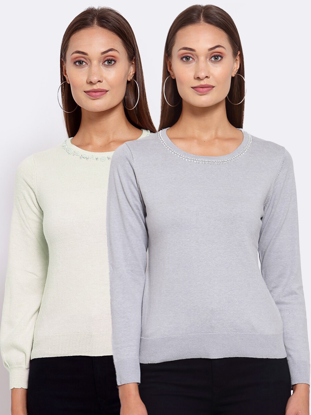 

KLOTTHE Women Off White & Grey Solid Pack Of 2 Pullover