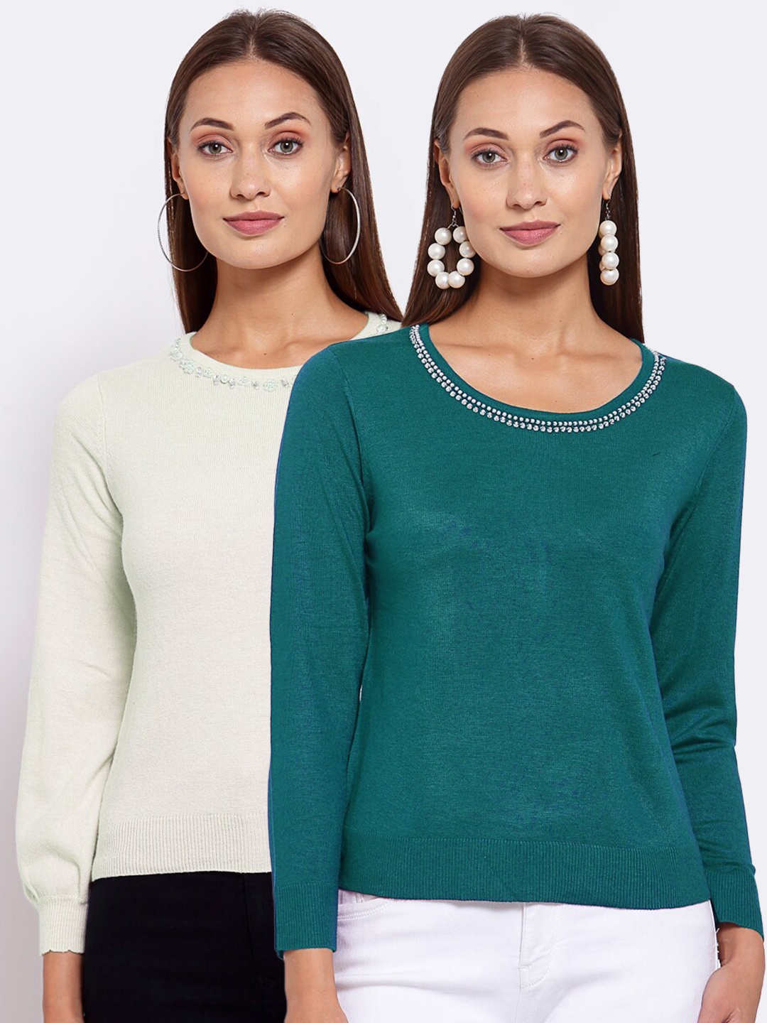 

KLOTTHE Set of 2 Women Off White & Green Pullover