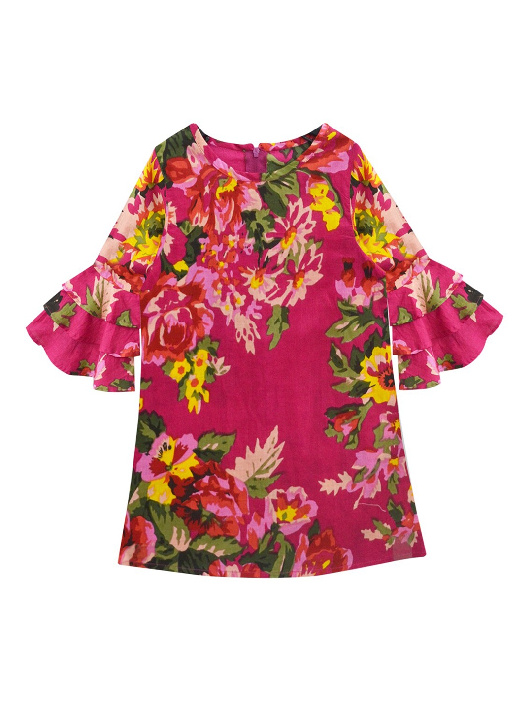 

A.T.U.N. Girls Magenta & Yellow Floral Pure Cotton A-Line Dress