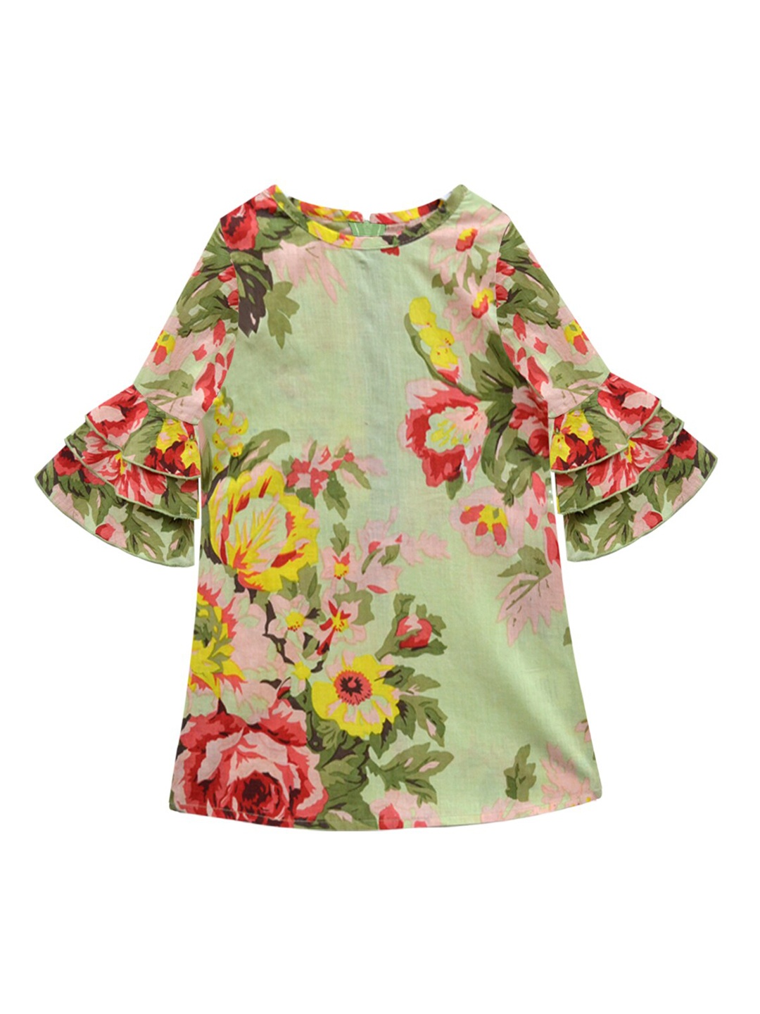 

A T U N Girls Green & Pink Floral A-Line Dress