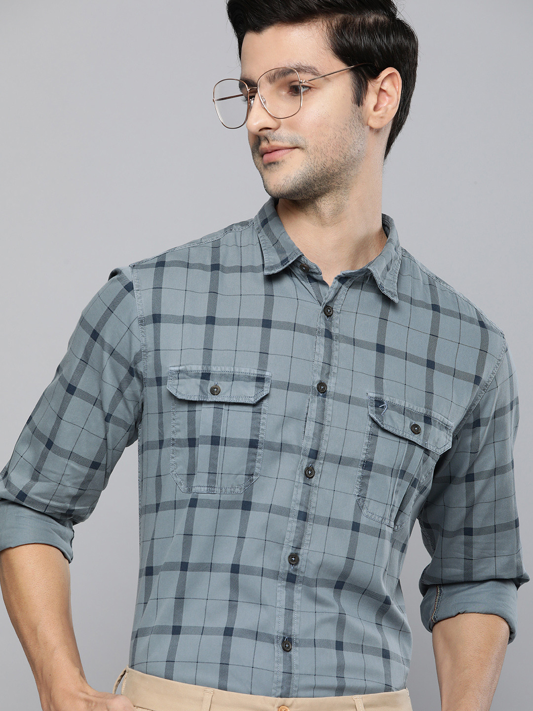 

Indian Terrain Men Blue Slim Fit Checked Pure Cotton Casual Shirt