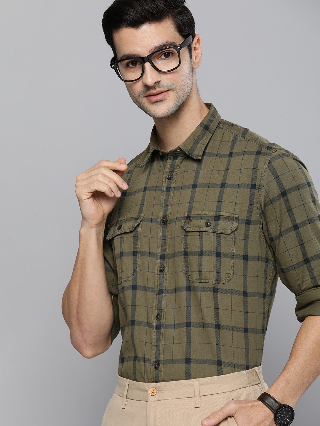 

Indian Terrain Men Olive Green & Blue Slim Fit Checked Pure Cotton Casual Shirt