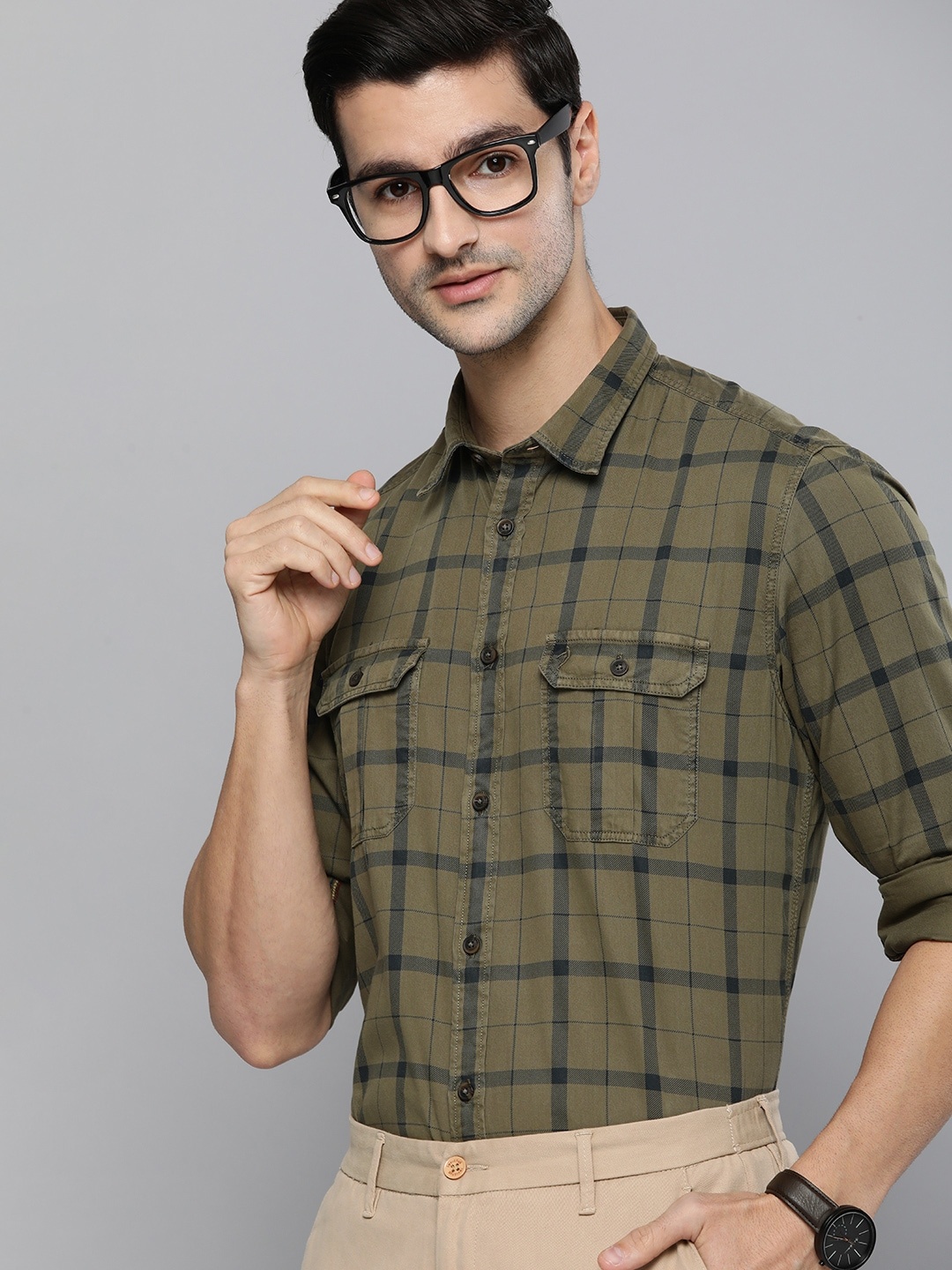 

Indian Terrain Men Olive Green & Blue Slim Fit Checked Pure Cotton Casual Shirt