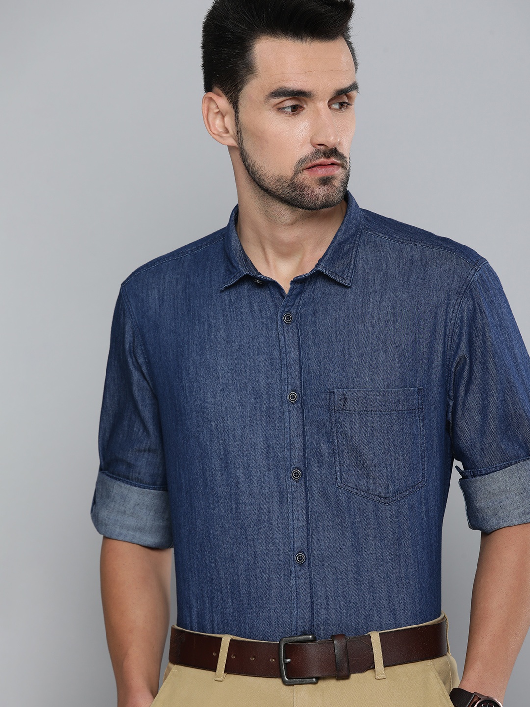 

Indian Terrain Men Blue Solid Slim Fit Pure Cotton Casual Shirt