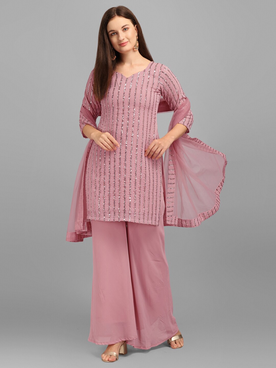 

JATRIQQ Pink Embroidered Semi-Stitched Dress Material