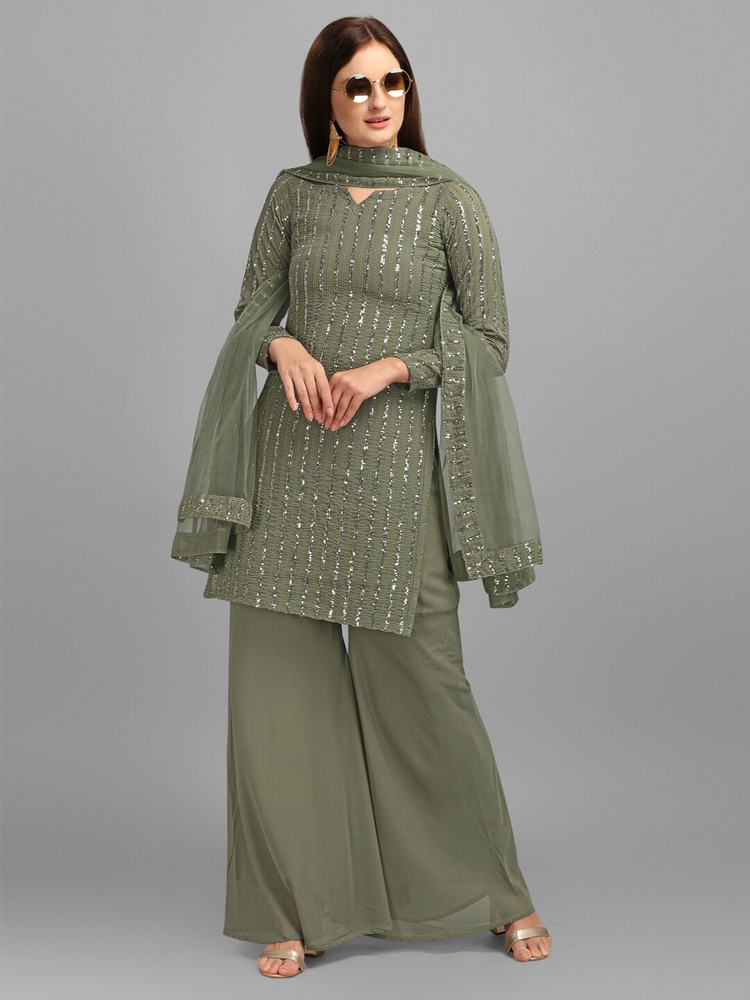 

JATRIQQ Olive Green & Silver-Toned Embroidered Semi-Stitched Dress Material