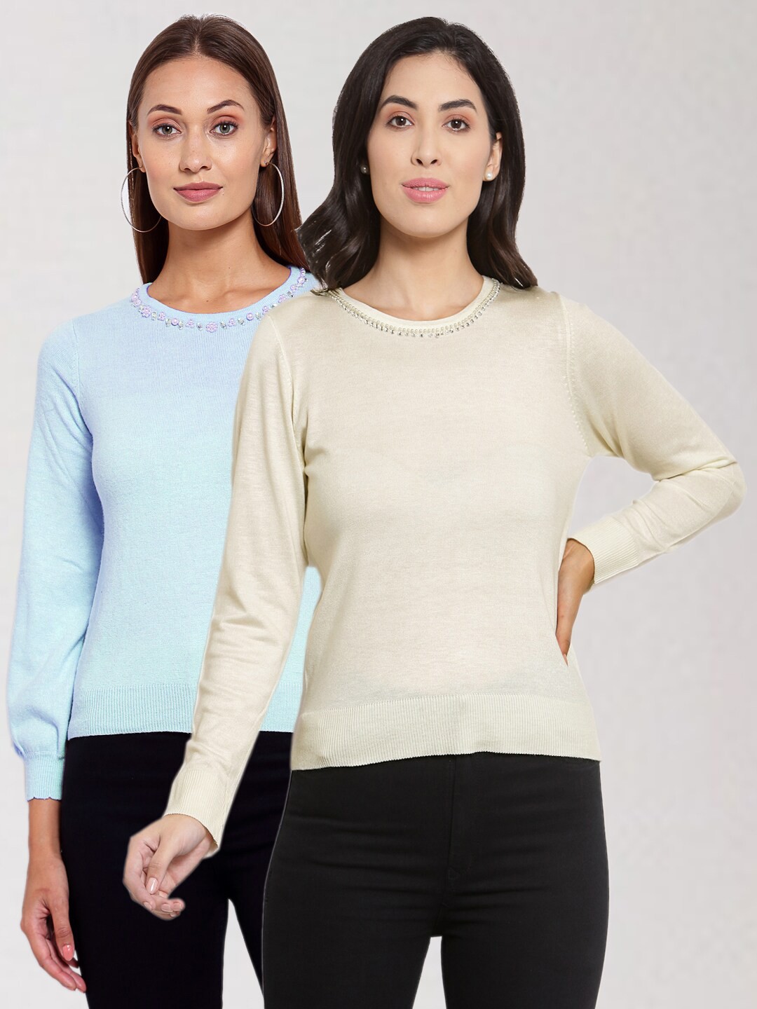 

KLOTTHE Women Pack Of 2 Blue & Beige Wool Pullover