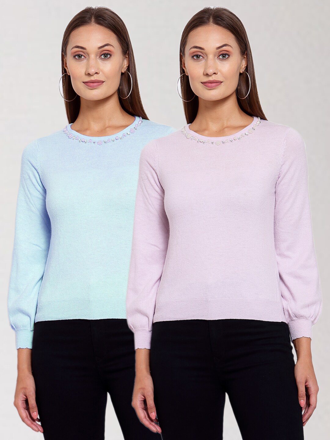 

KLOTTHE Women Pack Of 2 Blue & Pink Wool Pullover with Embellished Detail